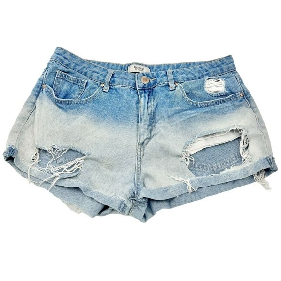 Forever 21 Blue Ombre Denim Distressed Shorts Size 28 Waist - Picture 1 of 7